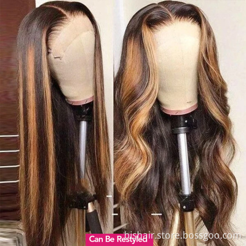 Wholesale 4/27 Highlight Straight Wig With 4x4 Lace Front Brazilian Human Hair Wigs Honey Blonde 150 Density Ombre Remy Wigs